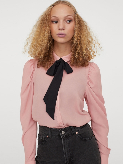 

H&M Women Pink Solid Tie-front blouse