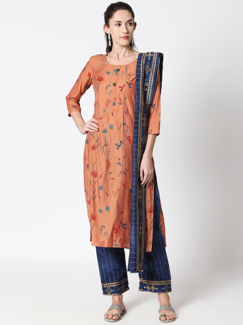 

ZRI Women Peach-Coloured & Navy Blue Printed Kurta with Salwar & Dupatta