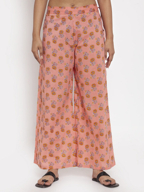 

TAG 7 Women Peach & Yellow Floral Printed Flared Palazzos
