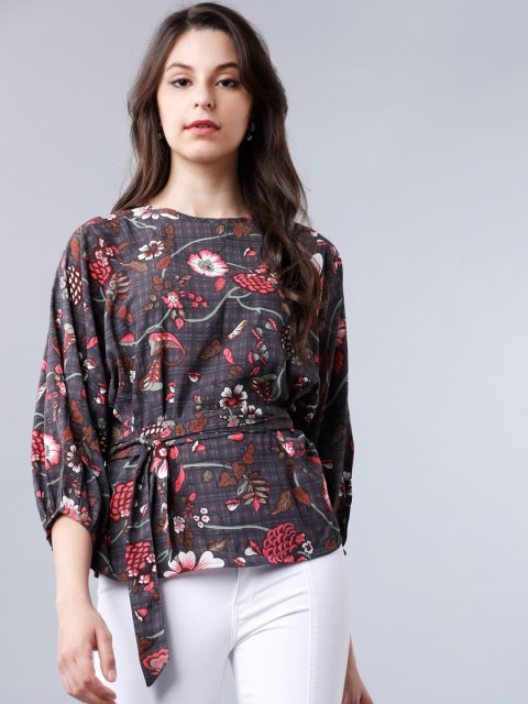 

Tokyo Talkies Women Grey Floral Printed Cinched Waist Top