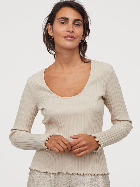 

H&M Women Beige Ribbed Jersey Top