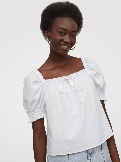 

H&M Women White Solid Cotton Poplin Top