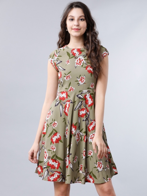 

Tokyo Talkies Women Olive Green Printed Fit and Flare Dress
