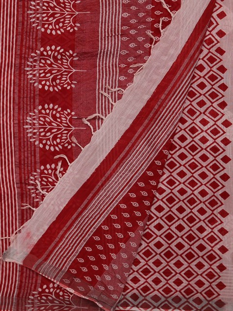 

Pothys Red & White Linen Blend Solid Saree