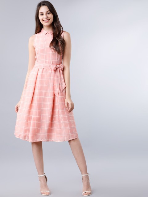 

Tokyo Talkies Women Peach-Coloured Checked Fit and Flare Dress