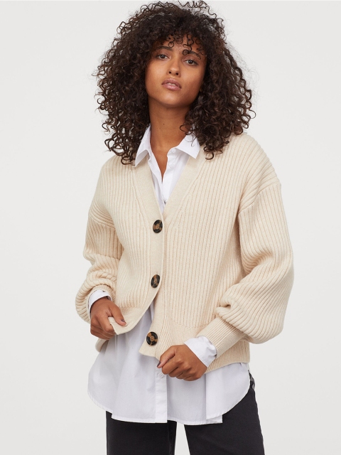 

H&M Women Beige Rib-Knit Sustainable Cardigan