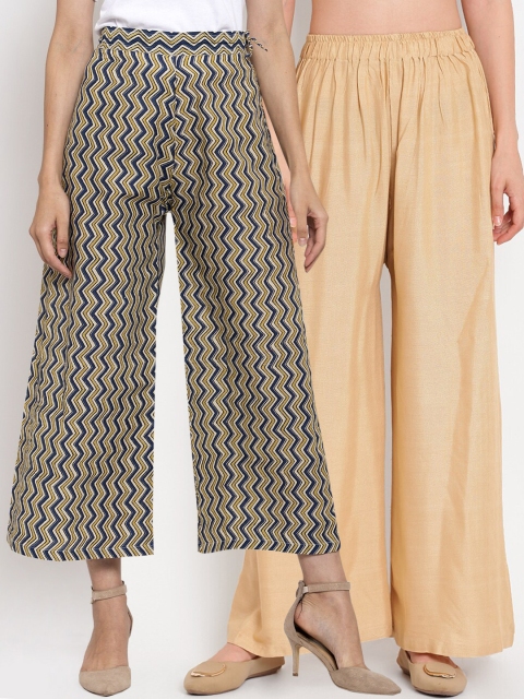 

TAG 7 Women Set Of 2 Beige & Blue Printed Wide Leg Palazzos