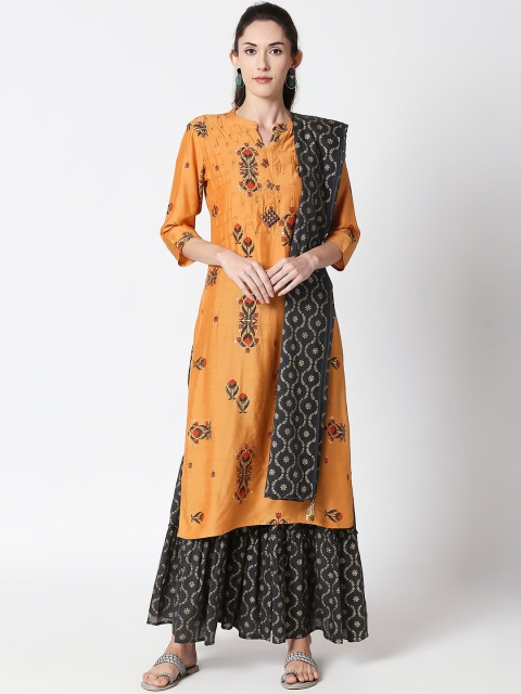 

ZRI Women Orange & Grey Embroidered Kurta with Sharara & Dupatta