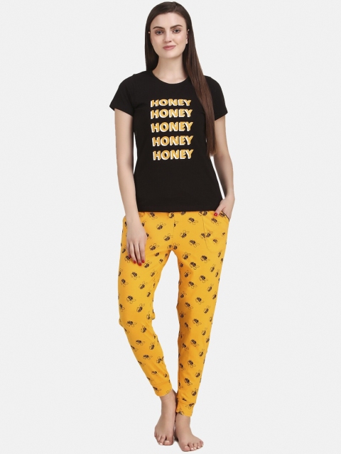 

Masha Women Black & Yellow Printed Night suit