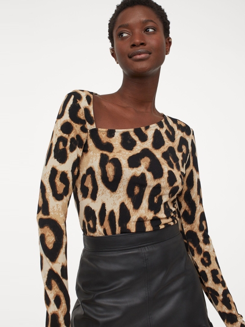 

H&M Women Beige & Brown Animal Print Long-Sleeved Top