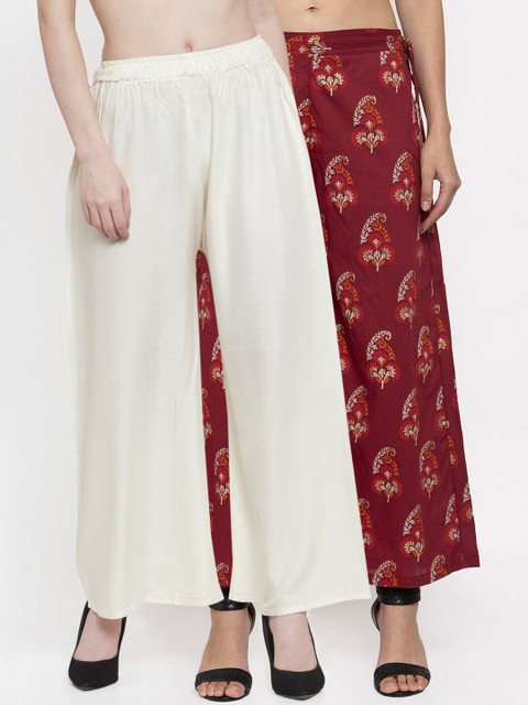 

TAG 7 Women Set Of 2 Off-White & Maroon Printed Wide Leg Palazzos