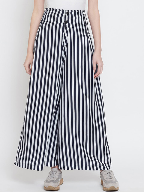 

Castle Women White & Navy Blue Striped Flared Palazzos