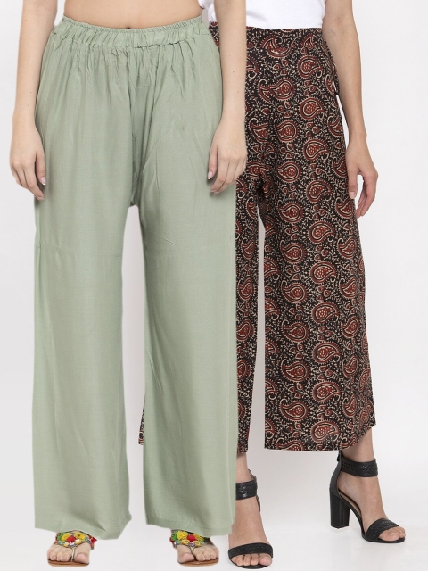 

TAG 7 Women Pack Of 2 Green & Black Printed Flared Palazzos