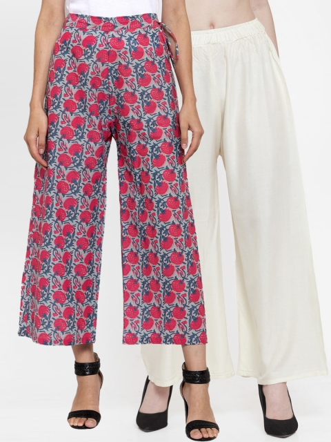 

TAG 7 Women Set Of 2 Off-White & Pink Printed Flared Palazzos