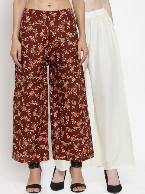 

TAG 7 Women Off-White & Maroon Pack of 2 Printed Flared Palazzos