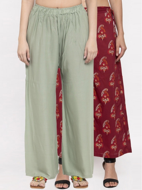 

TAG 7 Women Pack Of 2 Flared Palazzos, Green
