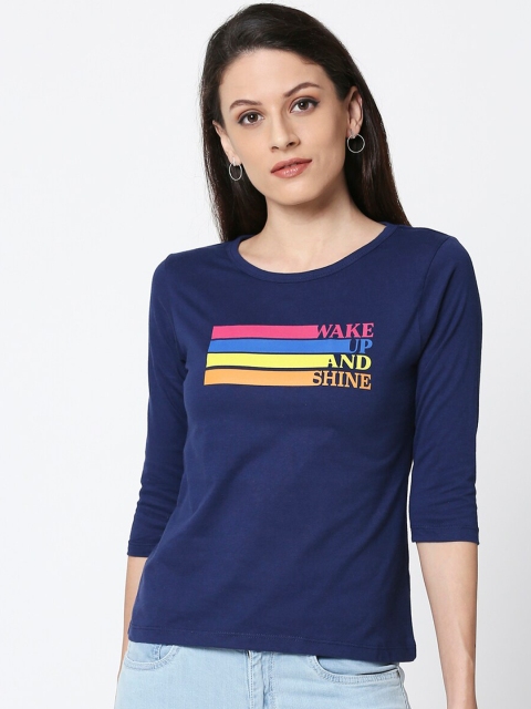 

Bewakoof Women Blue Printed Round Neck T-shirt