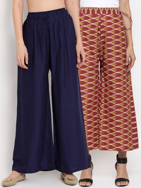 

TAG 7 Women Navy Blue & Maroon Striped Wide Leg Palazzos