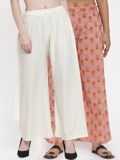 

TAG 7 Women Pack Of 2 Off-White & Pink Printed Flared Palazzos