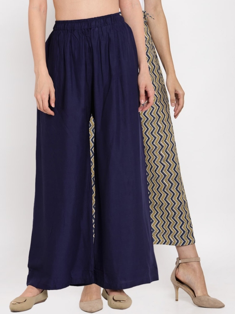 

TAG 7 Women Pack Of 2 Navy Blue & Yellow Printed Flared Palazzos