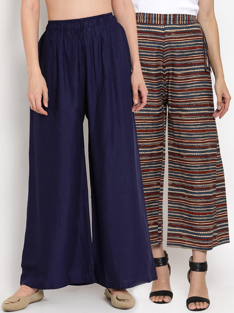 

TAG 7 Women Pack Of 2 Navy Blue & Red Striped Flared Palazzos