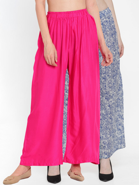 

TAG 7 Women Pink & Blue Pack of 2 Printed Flared Palazzos