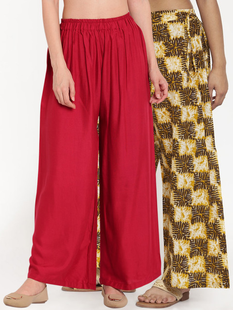 

TAG 7 Women Set Of 2 Maroon & Yellow Printed Straight Palazzos