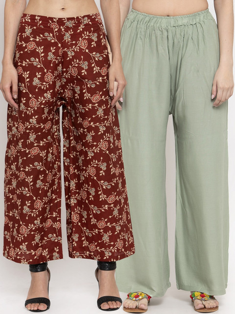 

TAG 7 Women Pack Of 2 Green & Maroon Printed Flared Palazzos