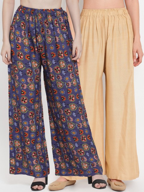 

TAG 7 Women Pack Of 2 Beige & Navy Blue Printed Flared Palazzos