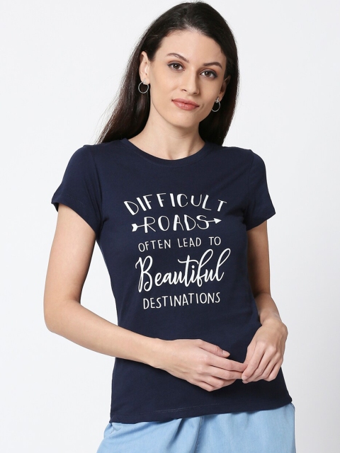 

Bewakoof Women Blue Printed Round Neck T-shirt