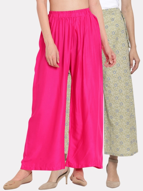 

TAG 7 Women Pack Of 2 Pink & Green Printed Flared Palazzos