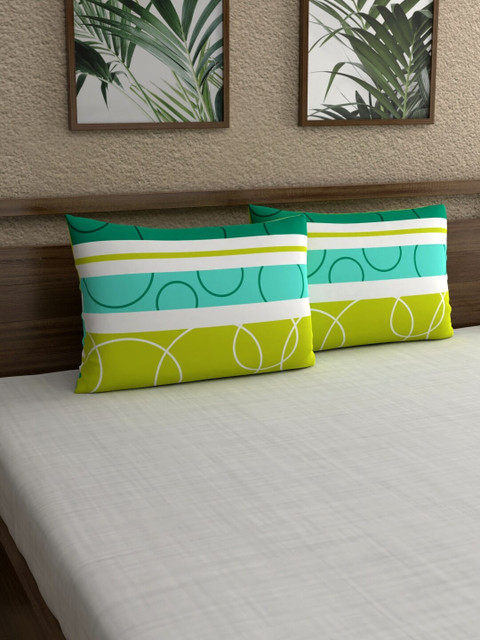 

Home Ecstasy Set of 2 Green & White Abstract Print 140 TC Pillow Covers