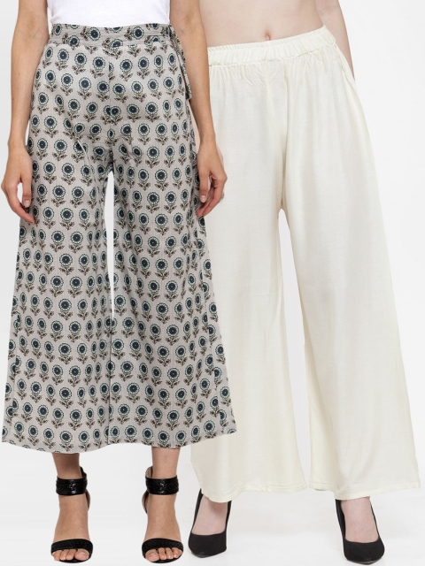 

TAG 7 Women Off-White & Grey Printed Flared Palazzos