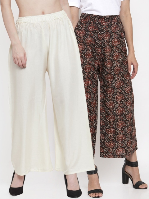 

TAG 7 Women Off-White & Black Pack of 2 Printed Flared Palazzos