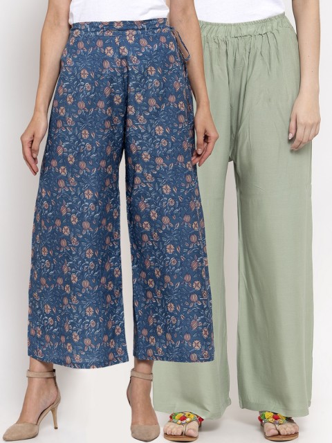 

TAG 7 Women Sage Green & Blue Pack of 2 Printed Flared Palazzos