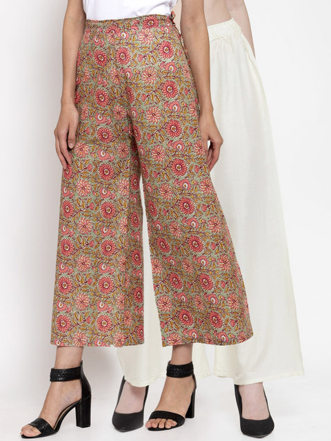 

TAG 7 Women Pack Of 2 Off-White & Pink Printed Flared Palazzos
