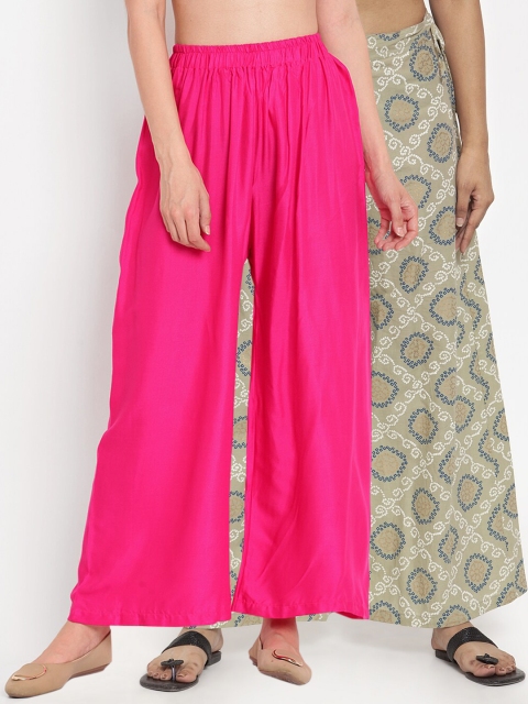 

TAG 7 Women Pack Of 2 Pink & Olive Green Solid Flared Palazzos