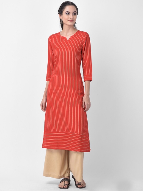

aayusika Women Red & Gold-Toned Striped Straight Kurta