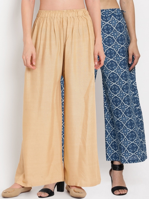 

TAG 7 Women Pack Of 2 Beige & Blue Printed Flared Palazzos