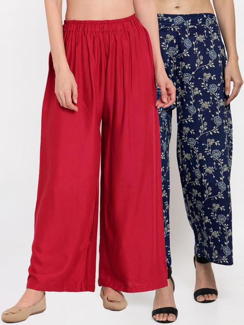 

TAG 7 Women Pack Of 2 Maroon & Navy Blue Printed Flared Palazzos