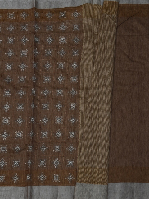 Pothys Brown & Grey Silk Cotton Woven Design Saree