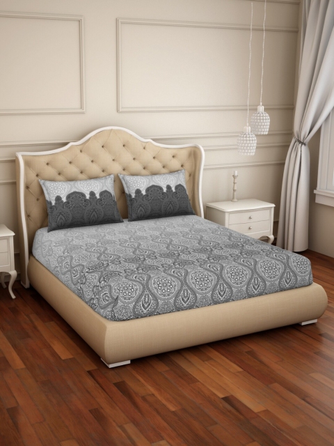 

SPACES Grey Ethnic Motifs 144 TC Cotton 1 Queen Bedsheet with 2 Pillow Covers