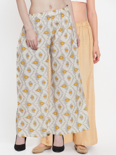 

TAG 7 Women Pack Of 2 Beige & White Printed Flared Palazzos