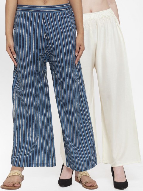 

TAG 7 Women Pack Of 2 Off-White & Blue Striped Flared Palazzos