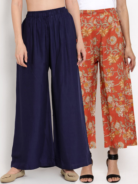 

TAG 7 Women Pack Of 2 Navy Blue & Peach-Coloured Printed Flared Palazzos