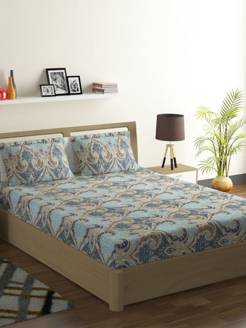 

SWAYAM Blue & Green Ethnic Motifs 210 TC Cotton 1 King Bedsheet with 2 Pillow Covers