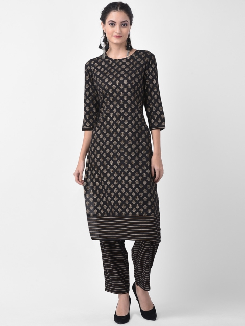 

aayusika Women Black & Gold-Toned Printed Kurta with Trousers