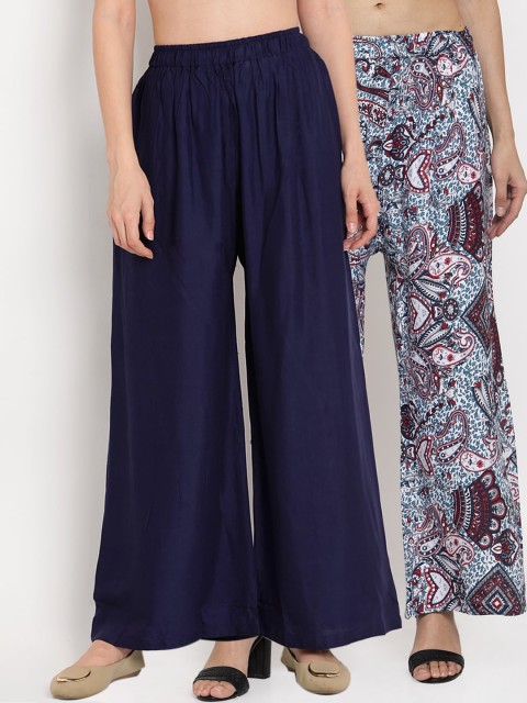 

TAG 7 Women Navy Blue & Blue Pack of 2 Printed Flared Palazzos