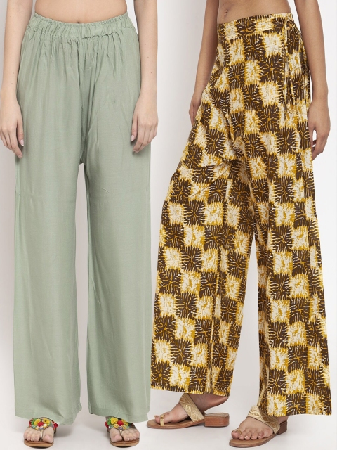 

TAG 7 Women Set Of 2 Green & Yellow Printed Flared Palazzos