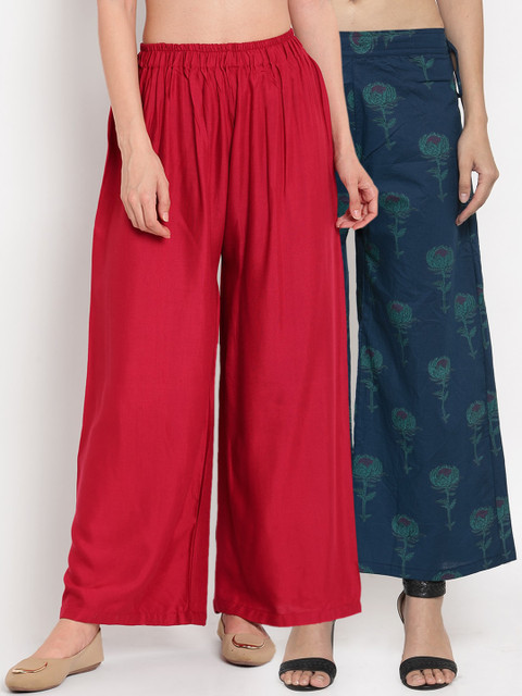 

TAG 7 Women Set Of 2 Maroon & Blue Printed Wide Leg Palazzos